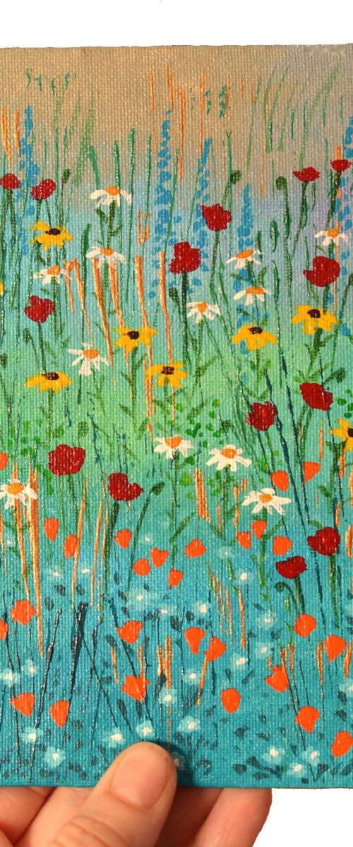 Mini Meadow 6 - poppies, rudbeckias, daisies and forget-me-nots by Lisa Mann