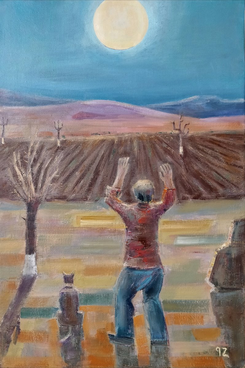 Expressive Portrait Oil Painting By Gegham Hunanyan, 16 X 24, Night Of Hope, Original Artwork