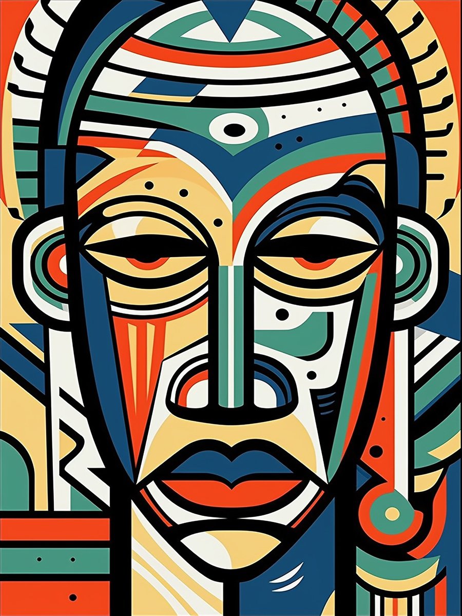 Illustrative Portrait Acrylic Painting By Kosta Morr, 24 X 31", African Mask 8, Original Artwork