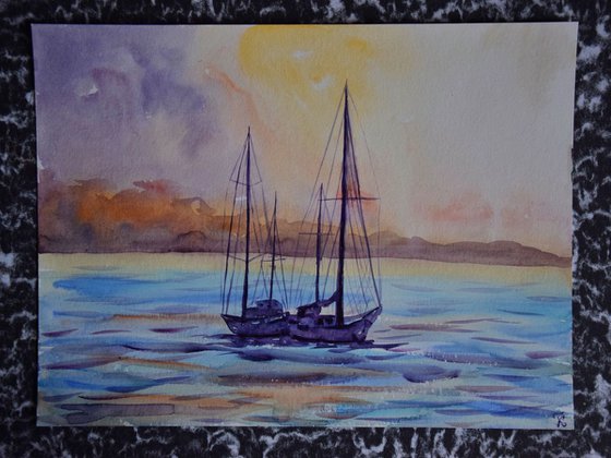 Watercolor painting Ship in Oslo port, Norway fjord