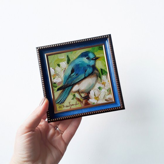 Blue bird miniature oil painting original 4x4 framed art, Bluebird wall wildlife art, Gift for sister for Easter