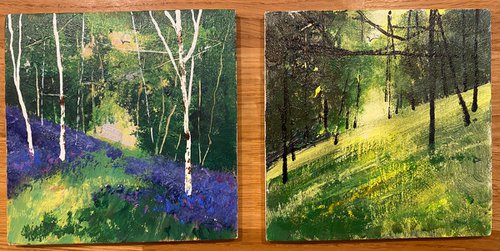 Two mini woodland scene woodblock paintings by Teresa Tanner