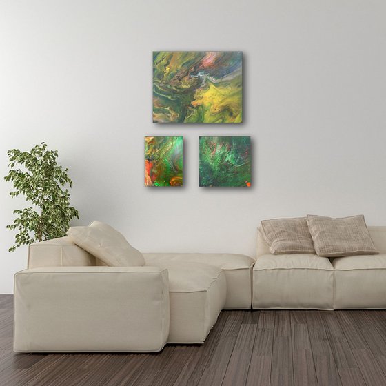 "Jungle Fever" - FREE USA SHIPPING - Original Triptych, Abstract PMS Acrylic Paintings Series - 21" x 28"