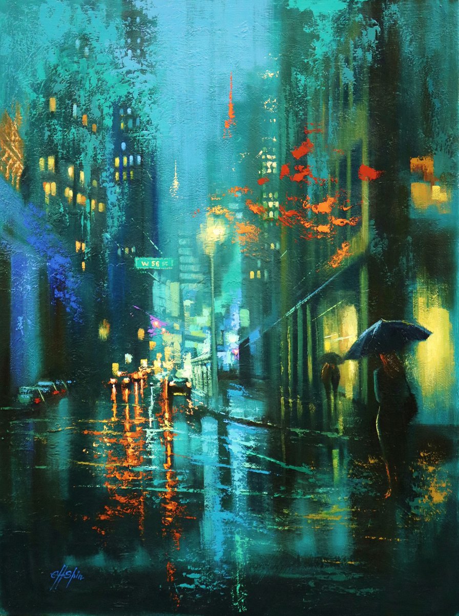 Entering Broadway in Rainy Day by Chin H Shin