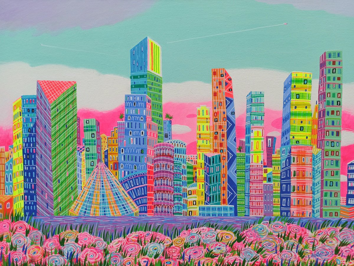 Impressionistic Cityscapes Acrylic Painting By Katrina Avotina, 32 X 24", There Are Many Reasons To Love, Original Artwork