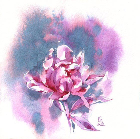 "Scent of a peony flower on a summer evening" original botanical watercolor square format