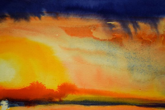 Sunset seascape original watercolor painting, coastal home decor