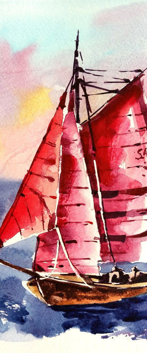 "Scarlet sails" seascape with a yacht against the sunset sky watercolor painting by Ksenia Selianko