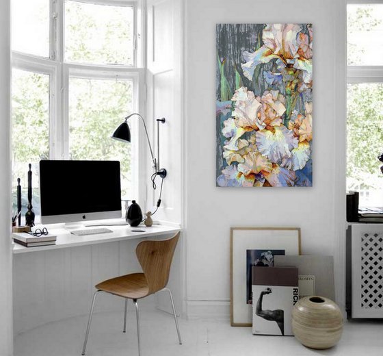 Irises on a gray background.