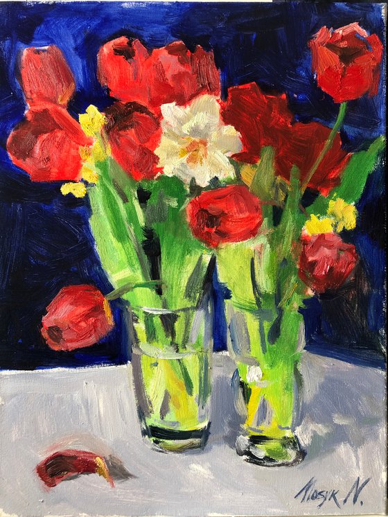 Red Tulips on blue