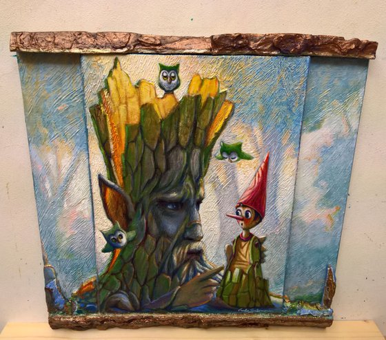 PINOCCHIO, THE TALKING TREE AND THE TINY OWLS - ( framed, 3D effect, TRIPTYCH )