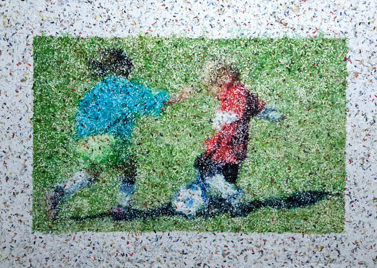 Team 3 - (n.501) - I love football series - Acrylic painting on shredded paper on wood by Alessio Mazzarulli