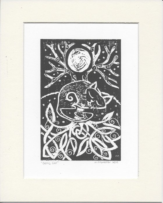 Celtic Cat - Original Lino Print