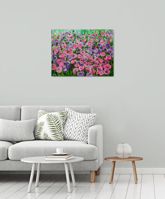 FIELD OF Happyness PURPLE PINK WHITE  ROSES  palette knife modern decor MEADOW OF FlOWERS, LANDSCAPE,  office home decor gift