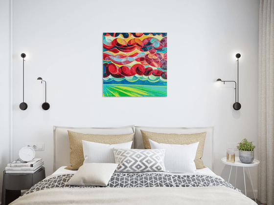 Sunset (60x60cm, cubism, oil painting, ready to hang)