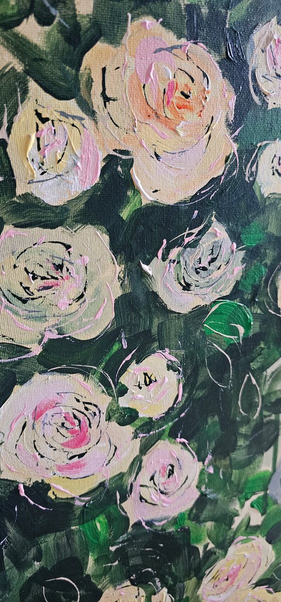 Blooming abstract rose garden in pale yellow