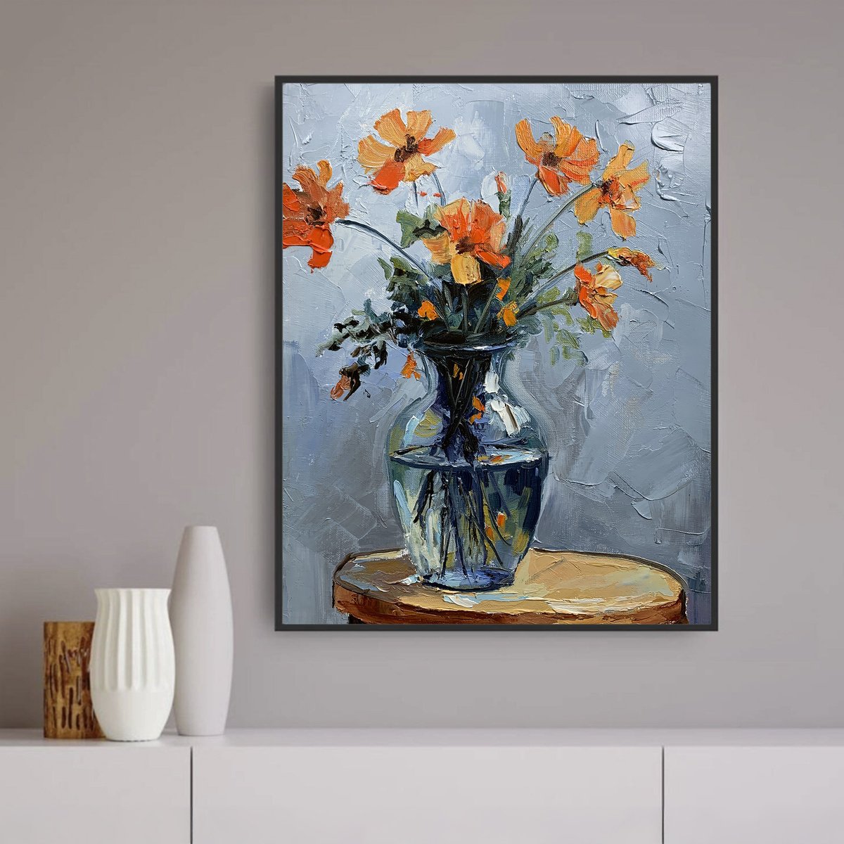 Impressionistic Botanical Oil Painting By Vita Schagen, 12 X 16", Orange Wild Field Flowers., Original Artwork