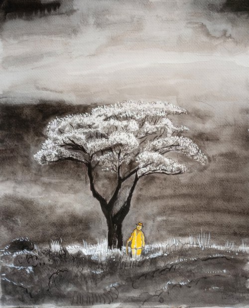 Tree with yellow man by paolo beneforti