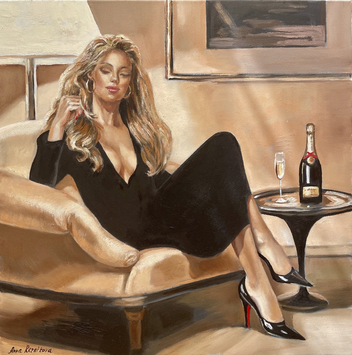 Impressionistic Portrait Oil Painting By Anna Reznikova, 24 X 24, Black Temptation, Original Artwork