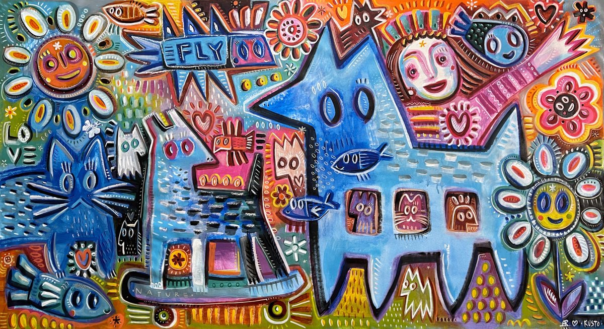Expressive Animal Acrylic Painting By Angel Rivas, 79 X 43, Wild Love, Original Artwork