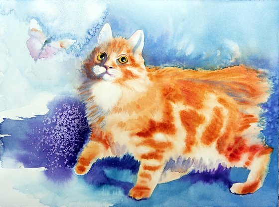Red-Haired Cat Playing with a Butterfly Watercolor Animal Pet Painting