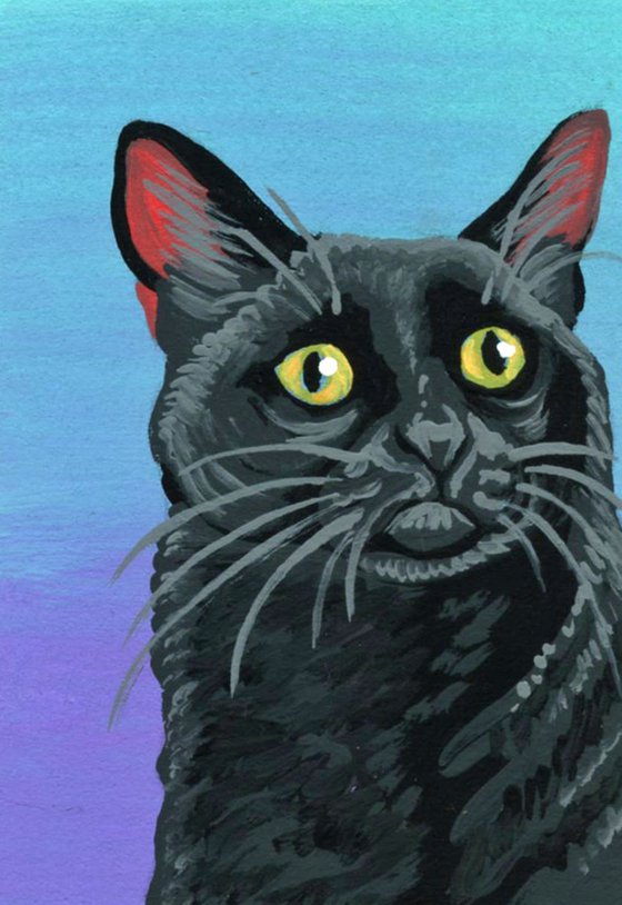 ACEO ATC Original Miniature Painting Black Pet Cat Art-Carla Smale