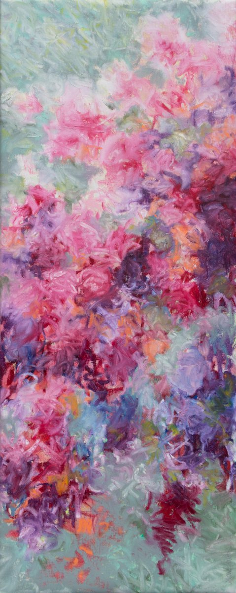 Impressionistic Botanical Oil Painting By Fabienne Monestier, 16 X 39, Pink And Mint Floral, Original Artwork