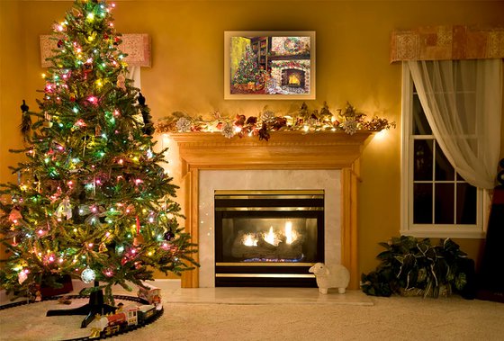 EVENING BY THE FIREPLACE - New Year. Christmas. Christmas Tree. Cozy house. Comfort. Happiness. Family. Fire. Christmas Toys.