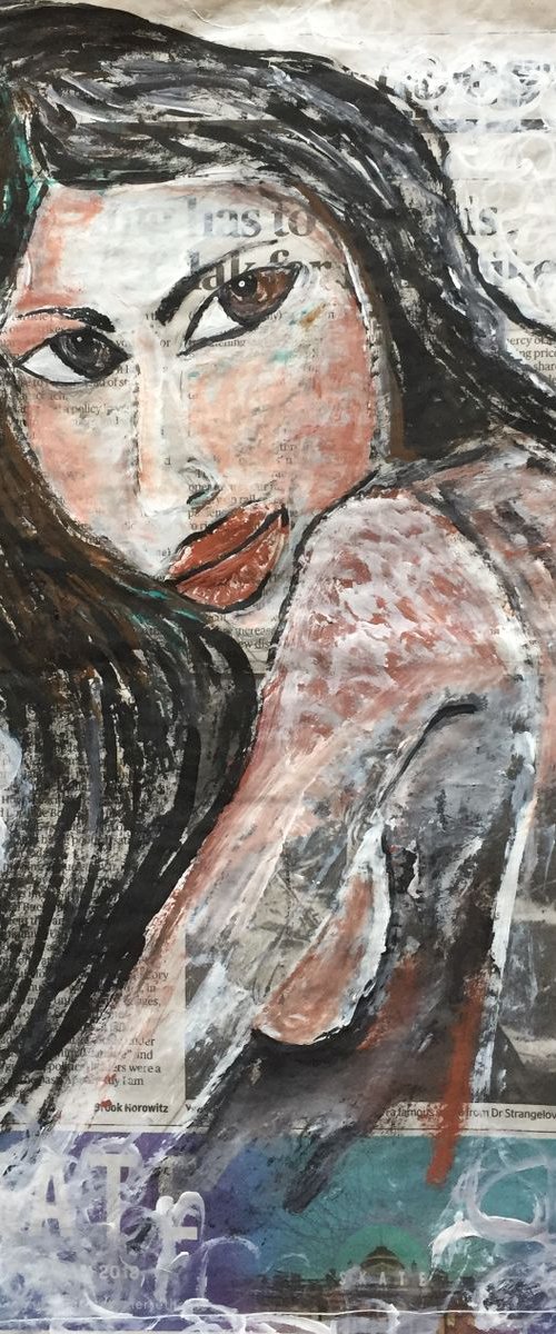 That Look on Newspaper Face Art Woman Portrait Sexy Look 37x29cm Gift Ideas Original Art Modern Art Contemporary Painting Abstract Art For Sale Free Shipping by Kumi Muttu