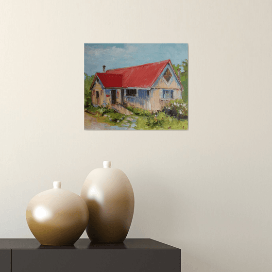 Red roof house, plein air, original, one of a kind, oil on wide edges canvas impressionistic style painting (10x12x2'')