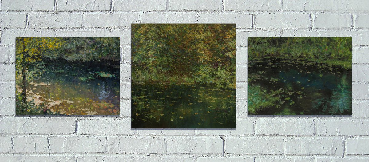 Three Autumn Paintings - original impressionist river autumn landscapes paintings by Nikolay Dmitriev