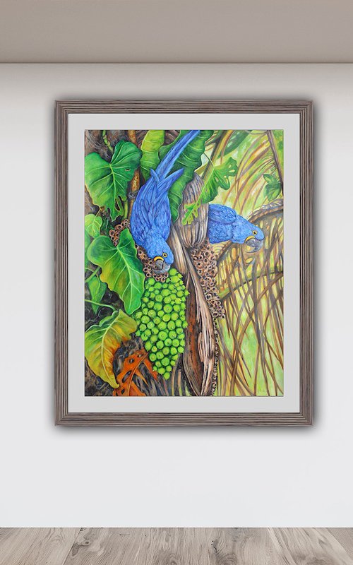 Hyacinth Macaws In The Rainforest by Kristen Olson Stone