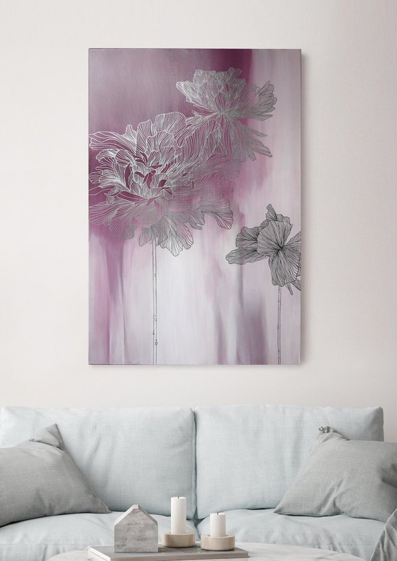 "Pink Thinness 2" Silver flowers abstract art