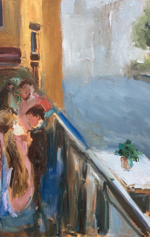 People eating outside a cafe, Original oil painting by Leo Khomich