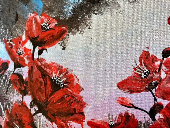 Red poppies under a blue stormy sky