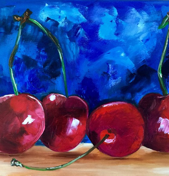 Sweet Cherries. Still life. Ultramarine blue and variations of red colors palette knife oil painting