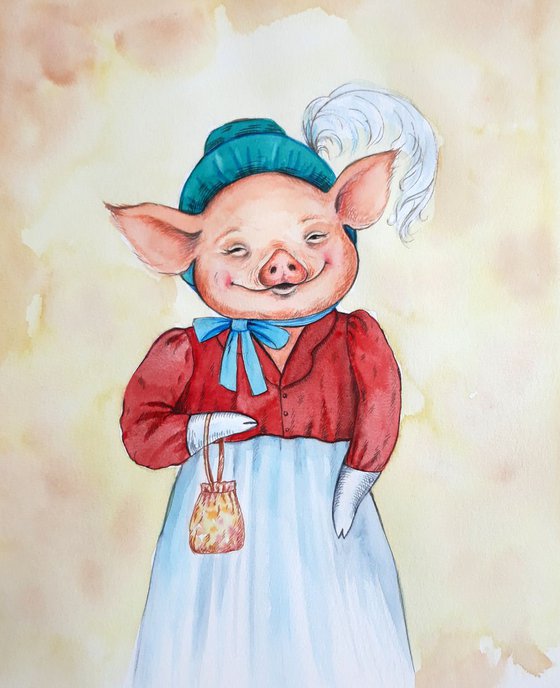 Lady Pig - Silly and Funny Victorian Lady Pig - Funny Pig - Happy Pig - Farm Animal - piglet