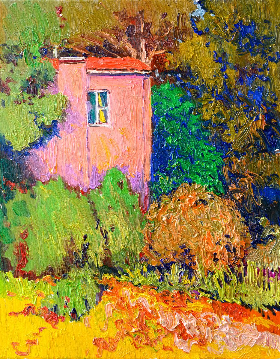 Expressive Landscape Oil Painting By Suren Nersisyan, 16 X 20", Pink House In The Park, Original Artwork