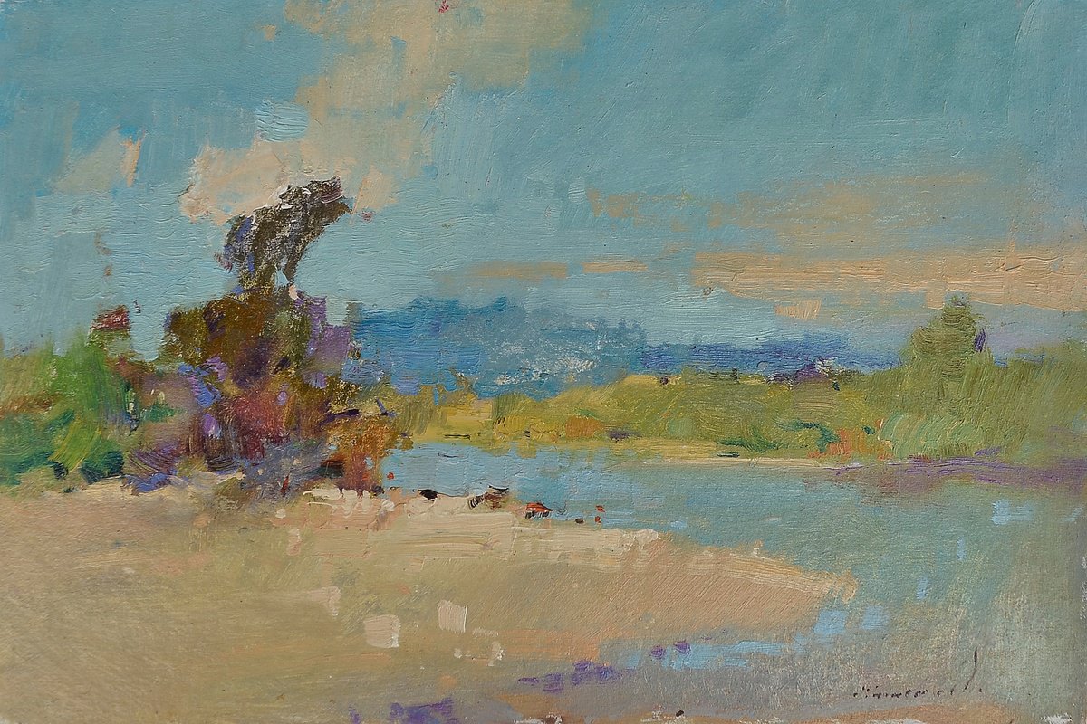 Impressionistic Landscape Oil Painting By Alexander Shandor, 18 X 12, Turning The River, Original Artwork