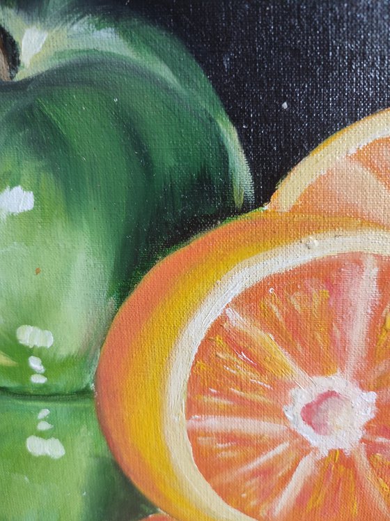 Sweet couple, original oil fruit apple orange oil  painting, impressionistic art, gift idea