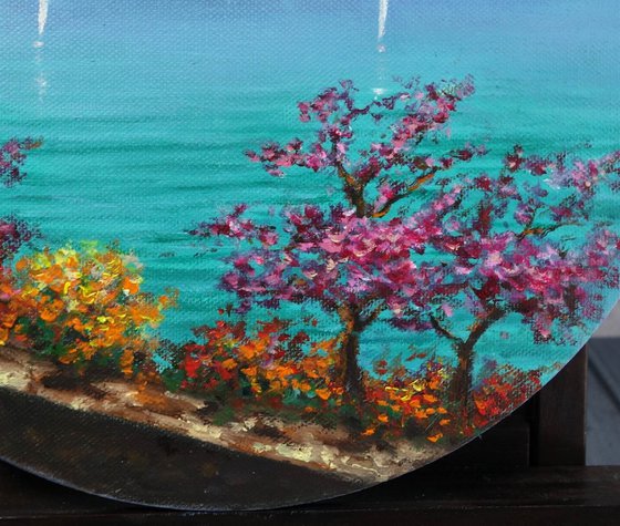 Blossoming Tranquility | Original acrylic painting on a round canvas