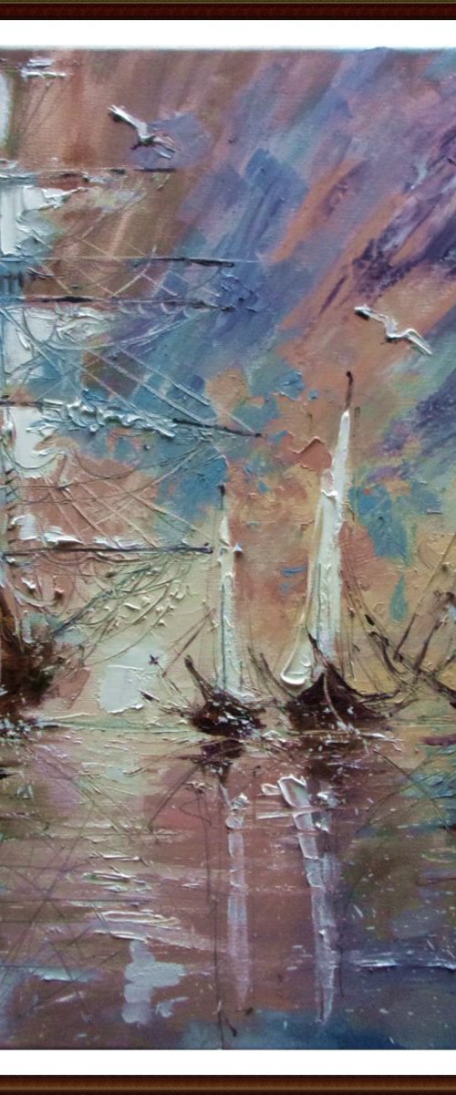 " THE FISHING  " SHIP BOAT SAIL original painting palette knife GIFT MODERN URBAN ART OFFICE ART DECOR HOME DECOR GIFT IDEA by Monika Luniak