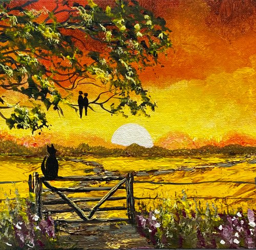 Cat on the Gate on a Panoramic Canvas. by Marja Brown