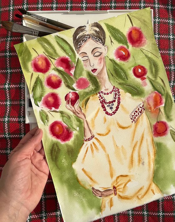 Apple from father's garden - Ukrainian woman original watercolor