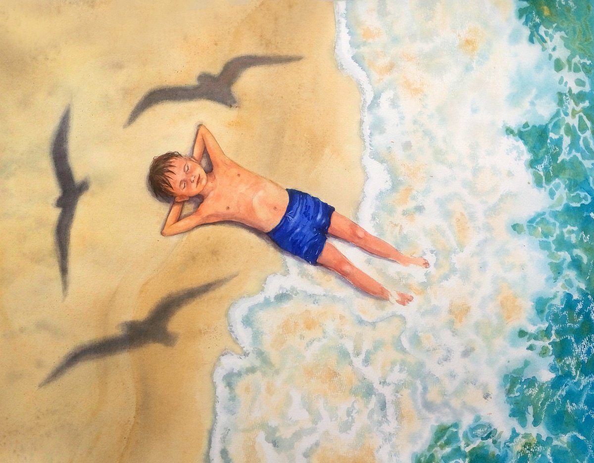 Child boy lying on sand beach by Olga Beliaeva Watercolour