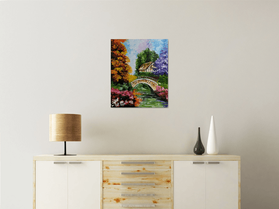 Autumn tale, original landscape bridge tree oil painting, Gift, art for home