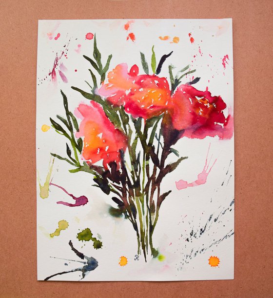 Abstract flowers bouquet original watercolor painting, botanical artwork, gift for her