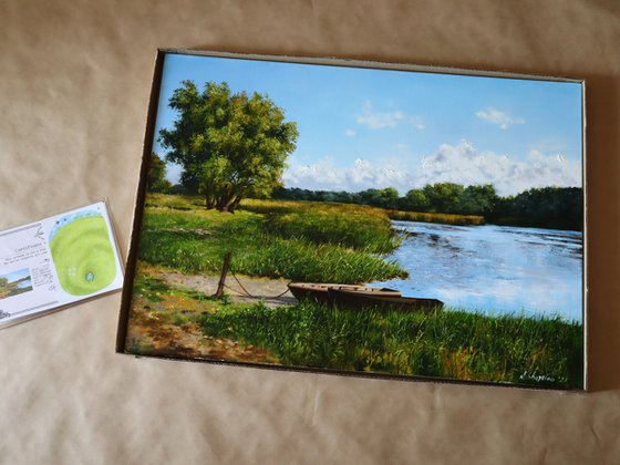 Old wooden boats on the river bank, Serene Summer Landscape