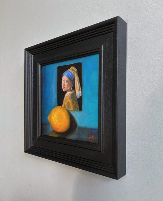 Vermeer's Girl with a Pearl Earring & a Lemon Life original oil realism painting.