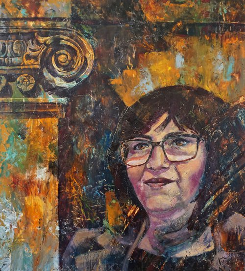 Self-portrait (hot wax on OSB) by Dora Stork